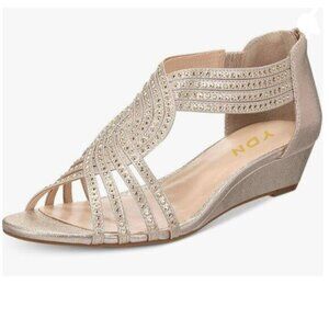 YDN Gold Wedge Glitter Sandals Open Toe Rhinestones Cross Over Straps Shoe